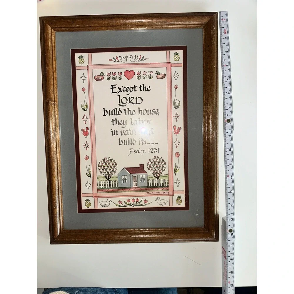 Charles F Humphrey Framed Folk Art Psalm 127:1‎ Scripture Print Vintage 13x16